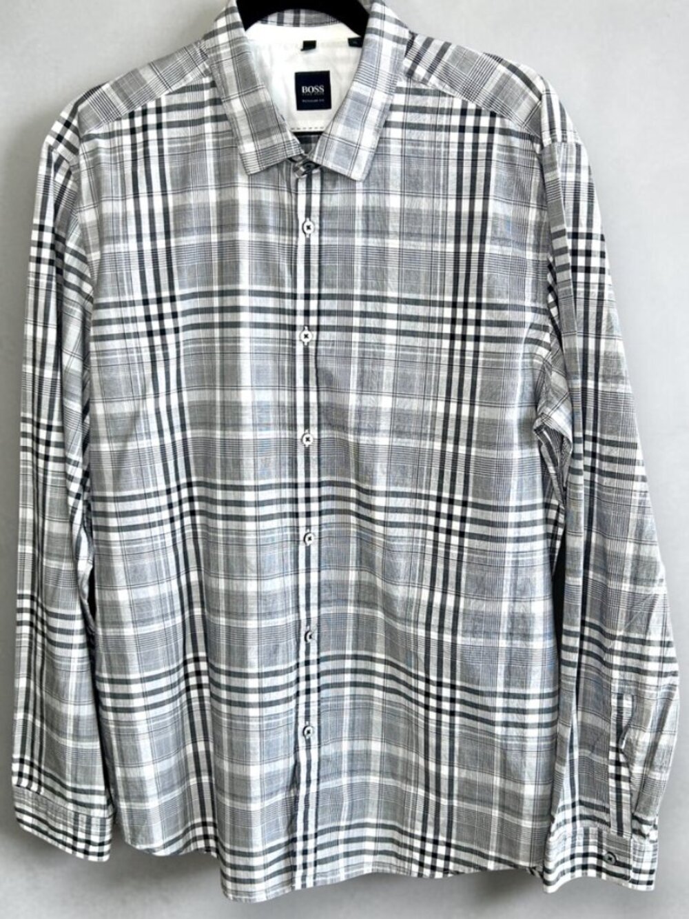 Hugo Boss Black White Plaid 100% Cotton Casual Shirt Spread Collar Size XL